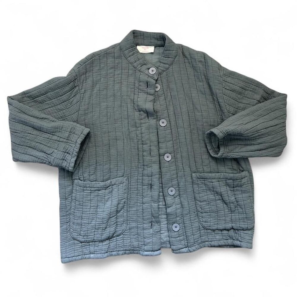 Quilted Button-Front Boxy Jacket - Slate Green